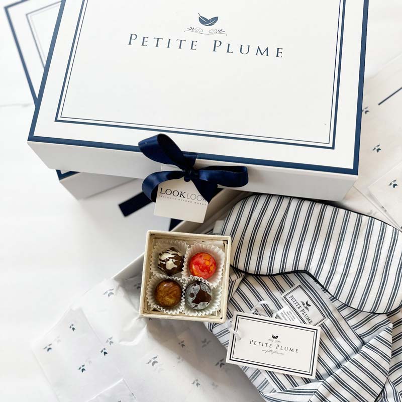 Corporate Monthly Luxury Gift box. Gifts included Pajama set, eye mask, chocolate box and more.