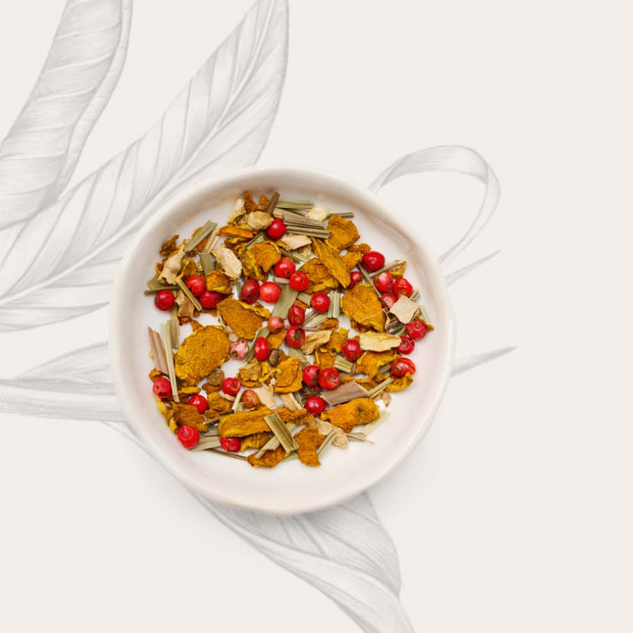 dona dance in yellow loose tea with turmeric, lemongrass, ginger, pink peppercorn
