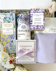 kadoo lavender dream curated spa gift box for her. Gift items included milk chocolate chip cookies, loose tea, candle, soap, bath soak and more