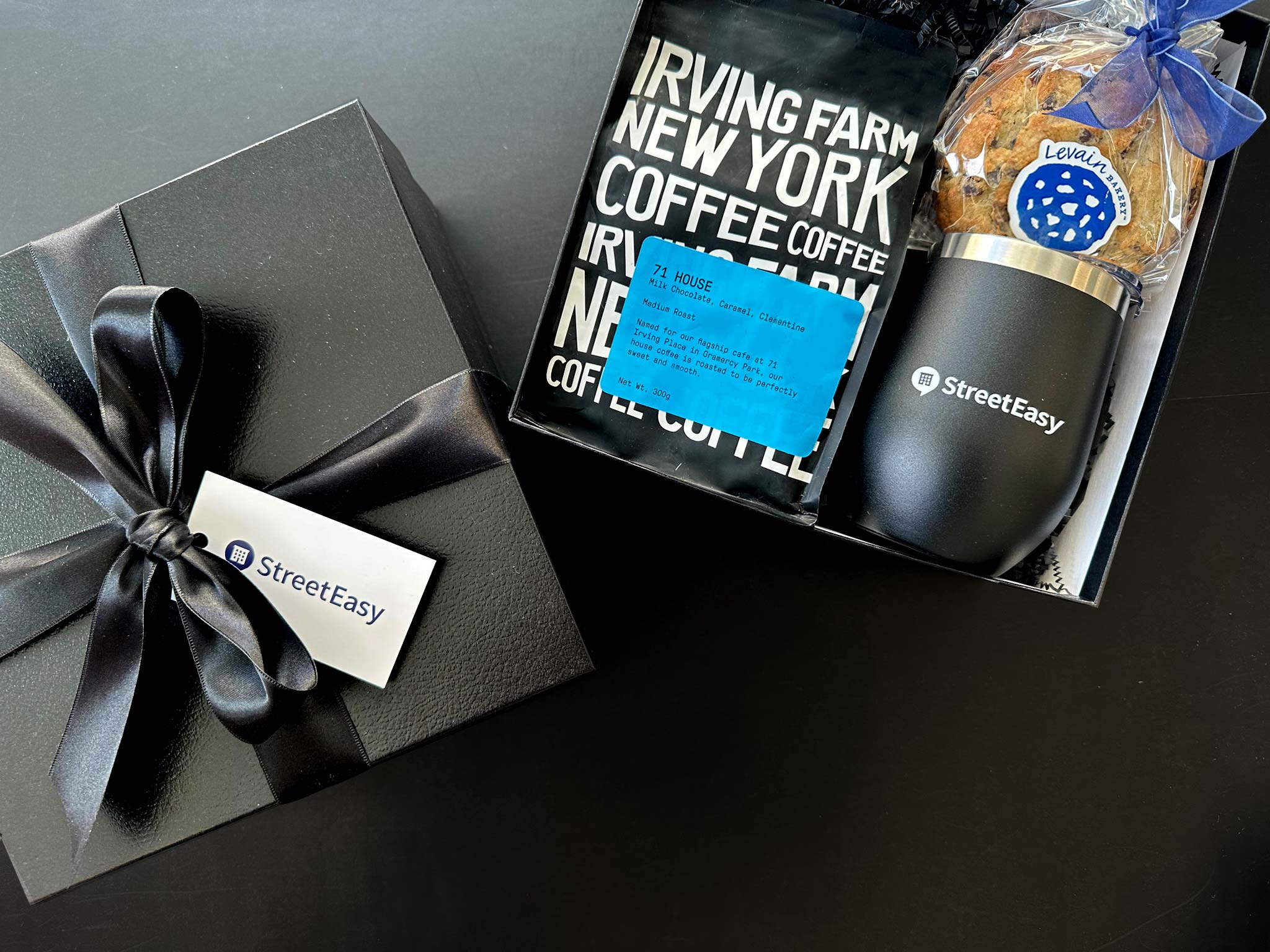 street easy customized corporate gift box with black box, branded mug, coffee and levain bakery cookies