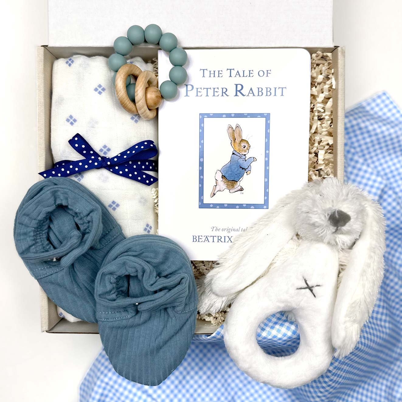 kadoo baby boy bunny gift box with baby shoes, swaddle, peter rabbit book, rattle and more