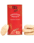 Farmhouse Biscuits Toasted Coconut in red gold foil tube packaging