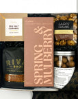Gift box with Spring & Mulberry chocolate , rival bros coffee, and various snacks and treats.