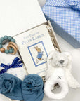 kadoo baby boy bunny gift box with baby shoes, swaddle, peter rabbit book, rattle and more