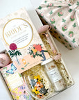 Bride to Be curated gift box, perfect for wedding party and bridal gift. Contain Bride's guide to glow, strawberry biscuits, bath salt and more. Wrapped in rose furoshiki fabric.