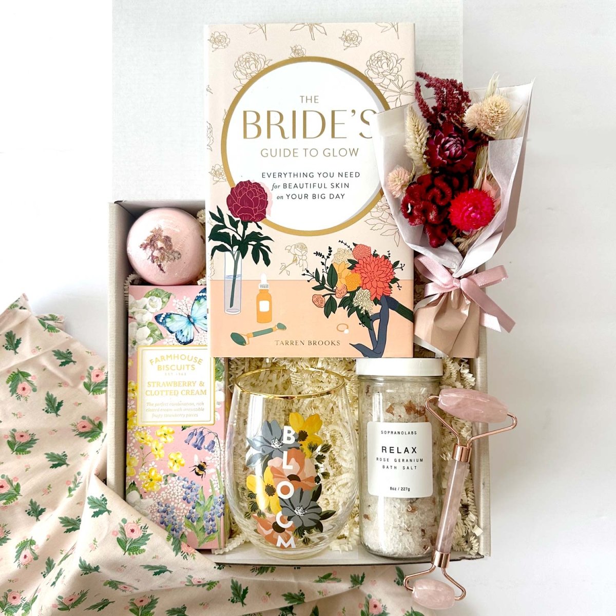 Bride to Be curated gift box, perfect for wedding party and bridal gift. Contain Bride's guide to glow, strawberry biscuits, relax bath salt and more.