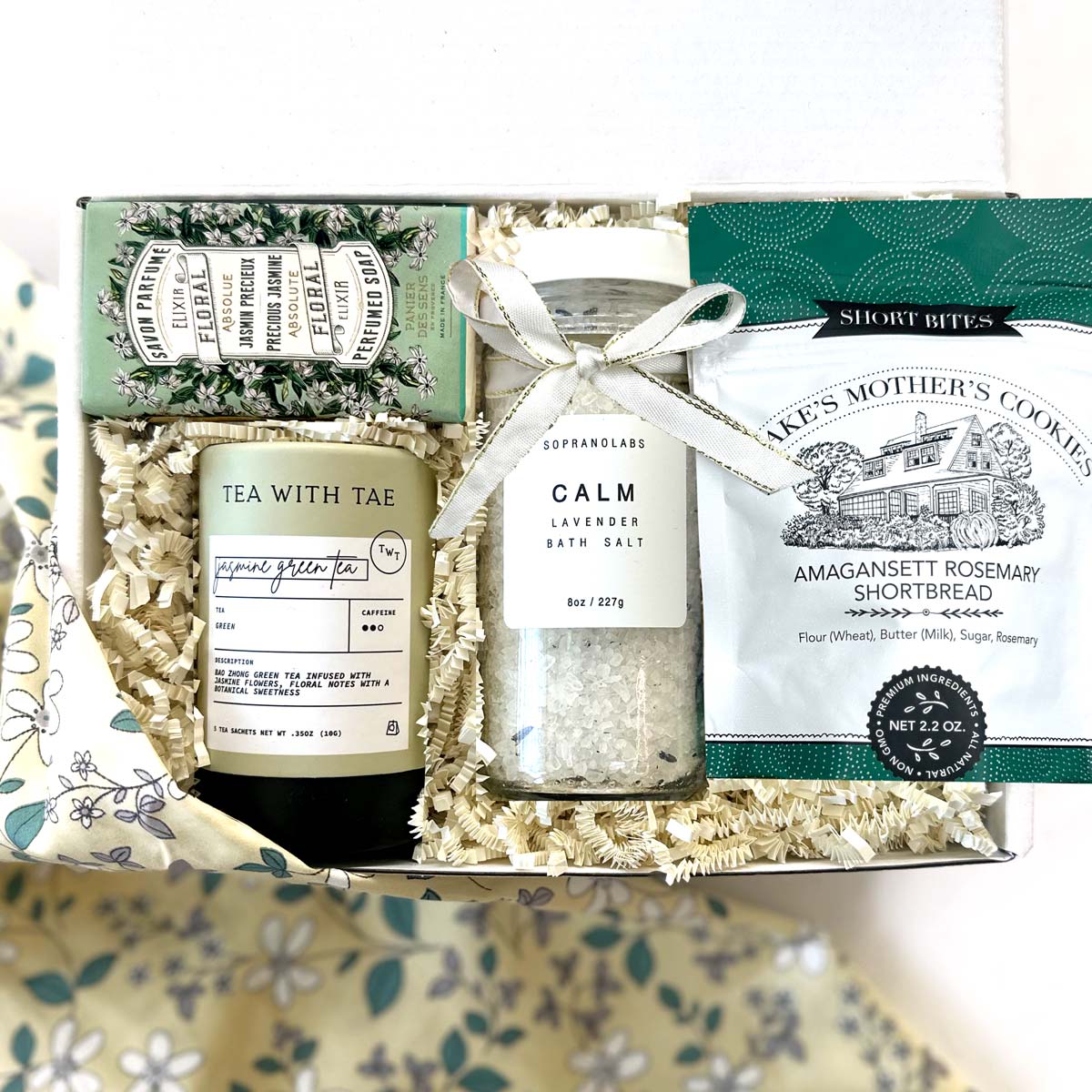kadoo calm spa curated gift box. gifts included lavender bath salt, jasmine soap, jasmine tea, rosemary shortbread, more