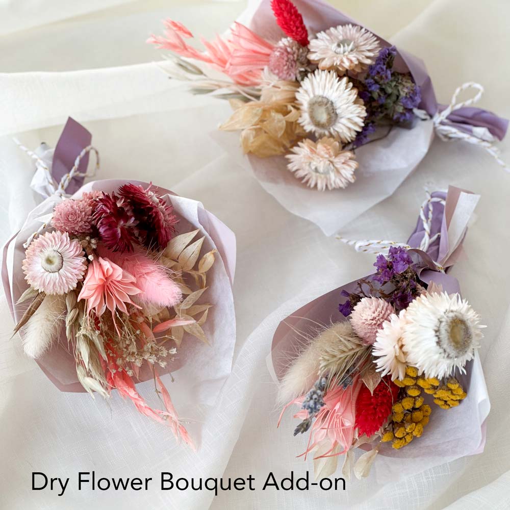 dry dried flower bouquet add on option in pink purple yellow colorway.