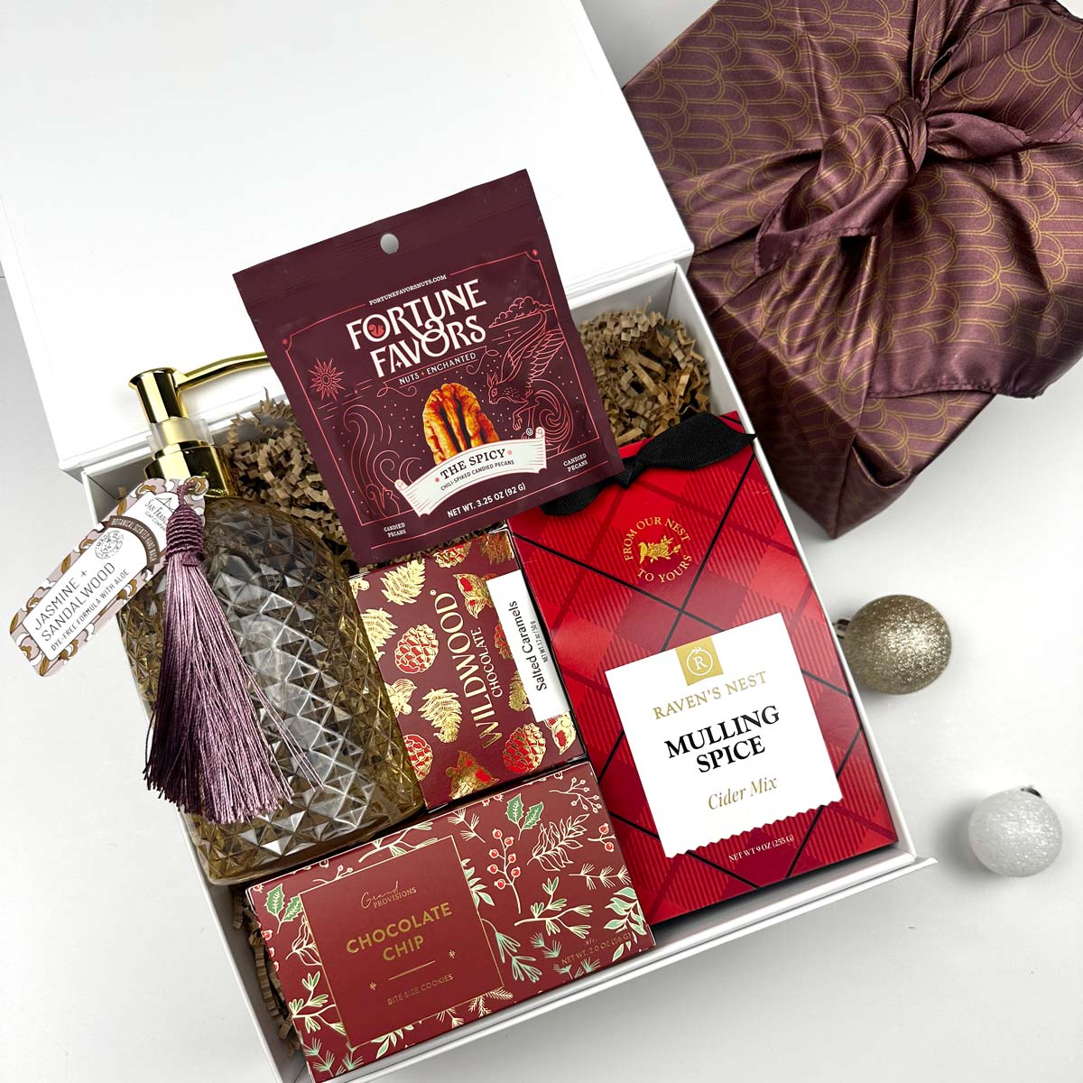 Gift set with Mulling Spice Cider Mix, Wildwood chocolate, hand soap, chocolate chip cookie and various treats