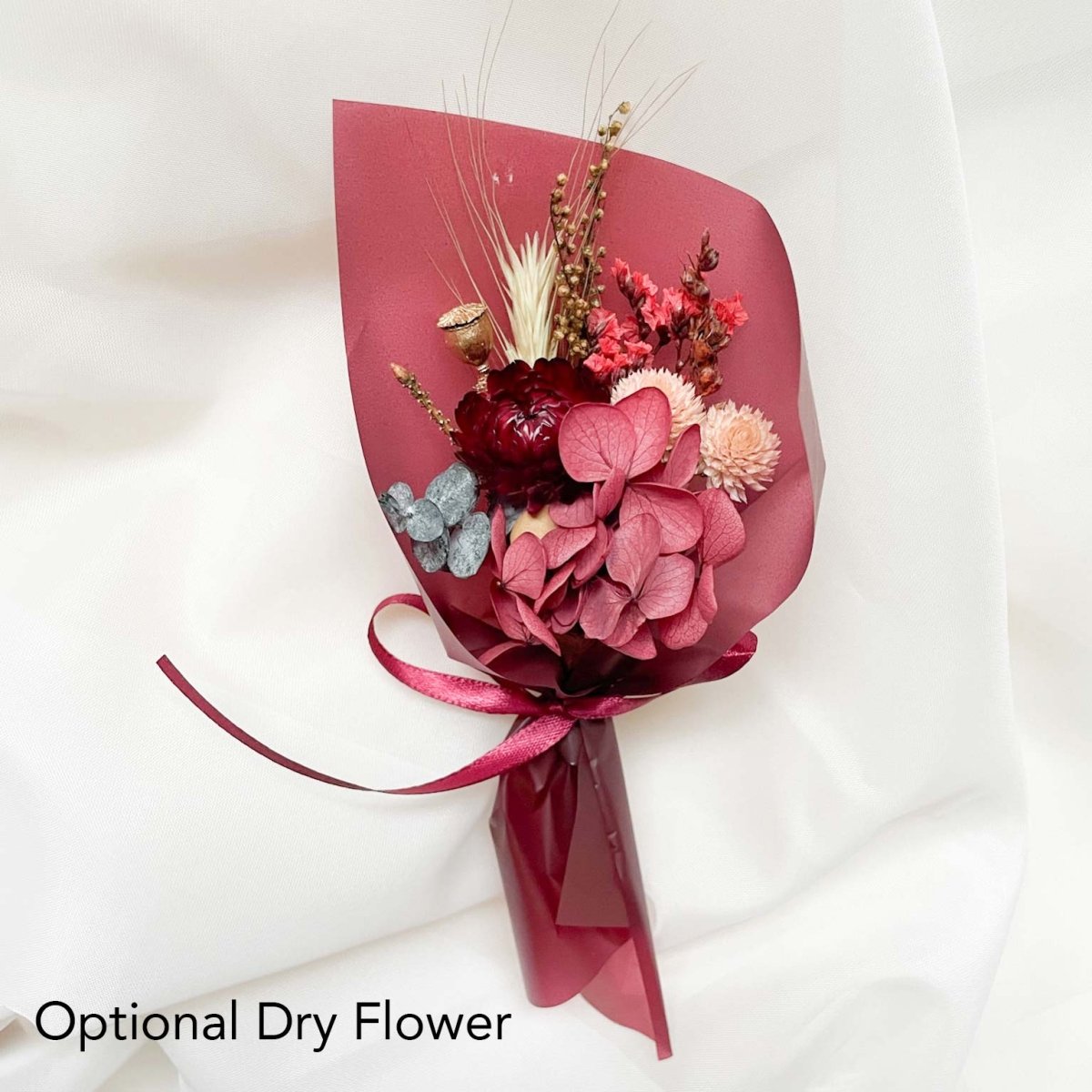 optional dry flower bouquet in red arrangement and red wrapper