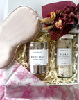 kadoo relax spa rose oud curated gift box, with candles, bath salt, eye mask, and more