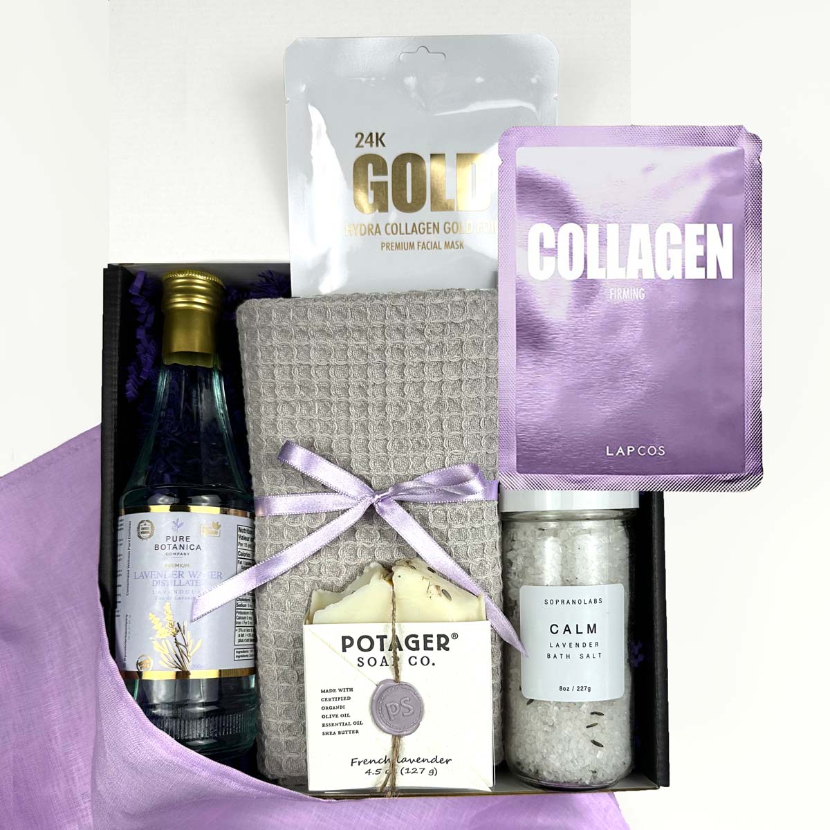 kadoo lavender lush spa gift box with lavender distilled water, soap, hand towel in gre, lapcos collagen and 24K gold foil, calm bath salt and more