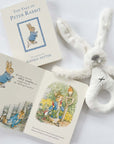 peter rabbit book by beatrix potter and white bunny rattle stuffed animal