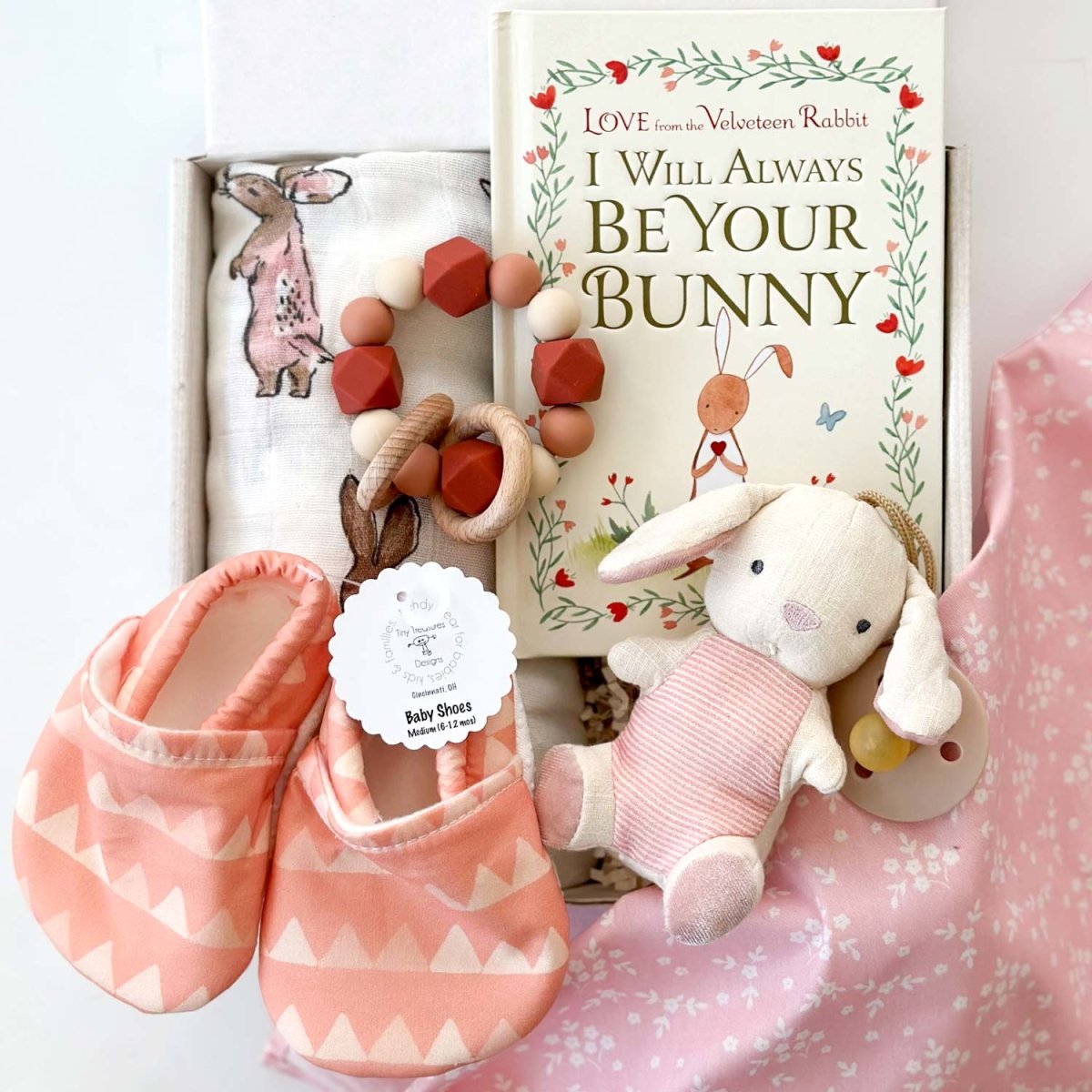kadoo baby girl sweet bunny furoshiki gift with swaddle, baby shoes, teether &amp; more. Perfect newborn gift.
