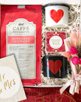 kadoo mr and mrs. wedding curated gift box with coffee, two heart espresso cups,  sugarfina gummy bears & more.