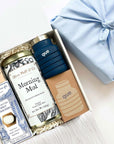 kadoo on the go curated gift box for him includes morning coffee, Que bottle, Wally Whiz wine gums, cracker & more.