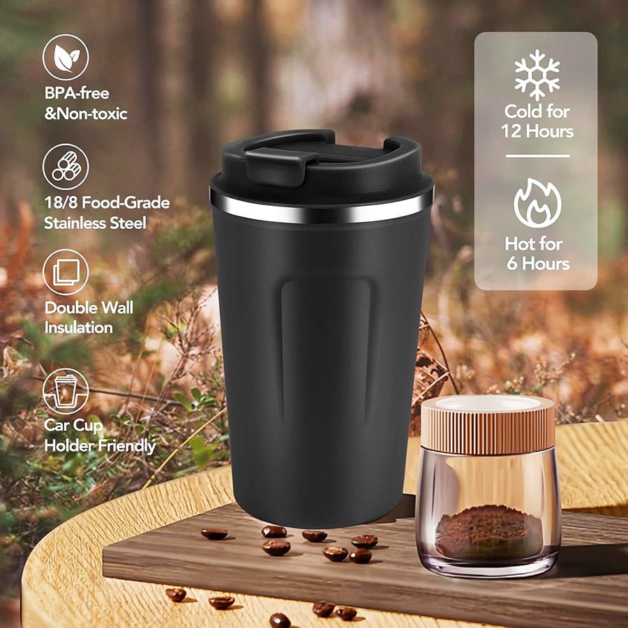 Black insulated travel mug.