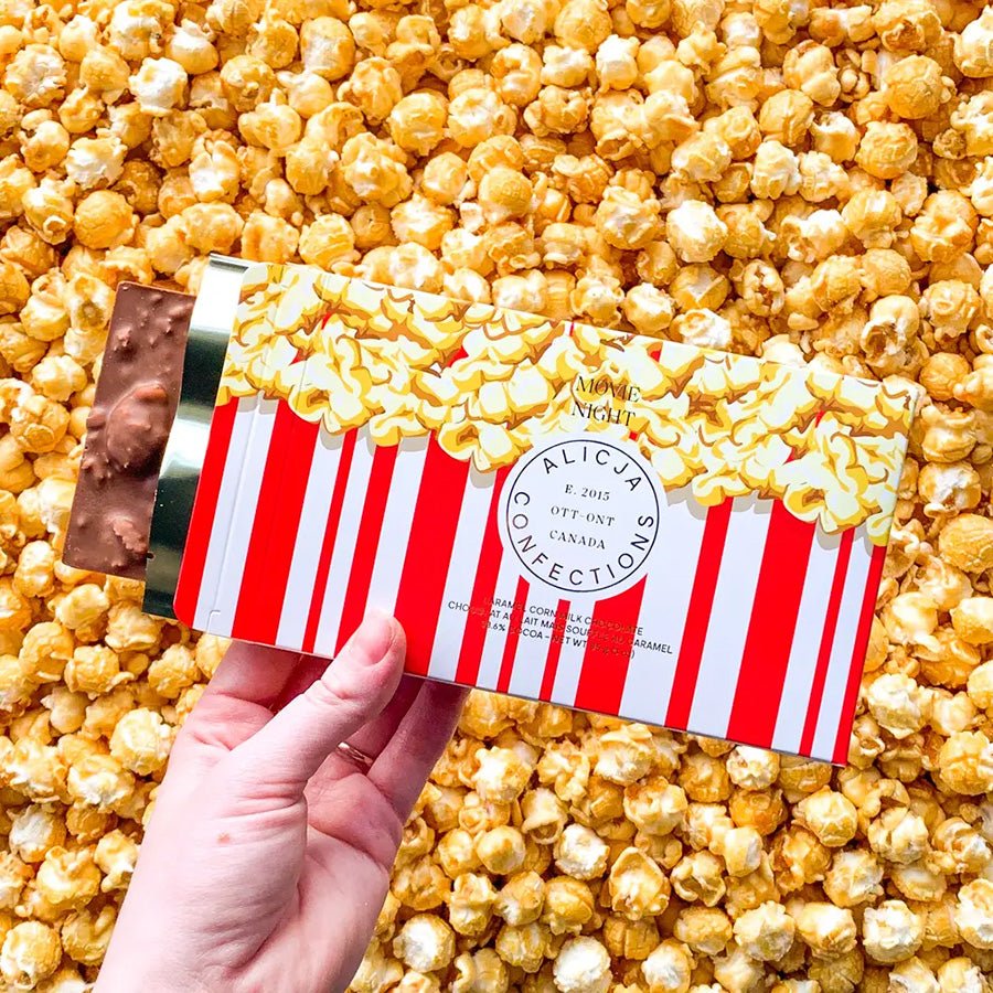 Movie Night Caramel Popcorn Milk Chocolate Bar by Alicja Confections.