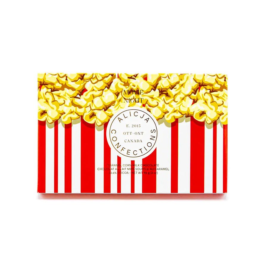 Movie Night Caramel Popcorn Milk Chocolate Bar by Alicja Confections.