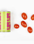 Can of Italian tomatoes with cherry tomatoes on a white background