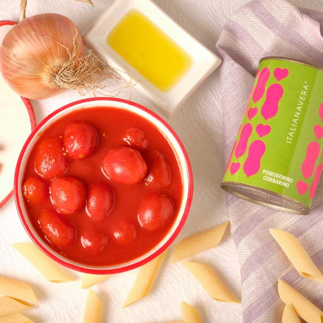 Pomodorino Corbarino Tomatoes By Italianavera in green and pink tin container