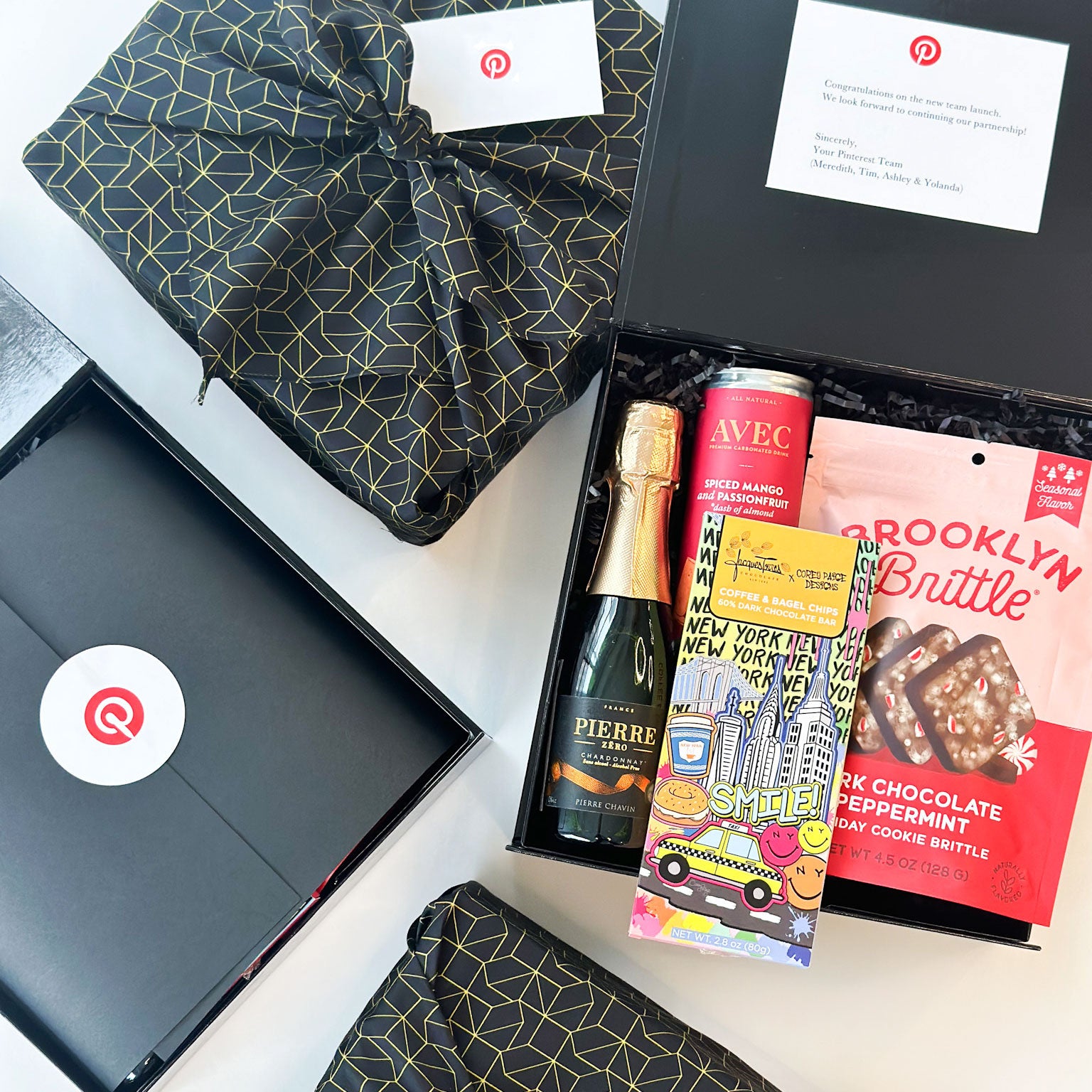 pinterest custom congratulations corporate gift box with new york city chocolate bar, brooklyn brittle, avec drink, pierre chavin zero and more