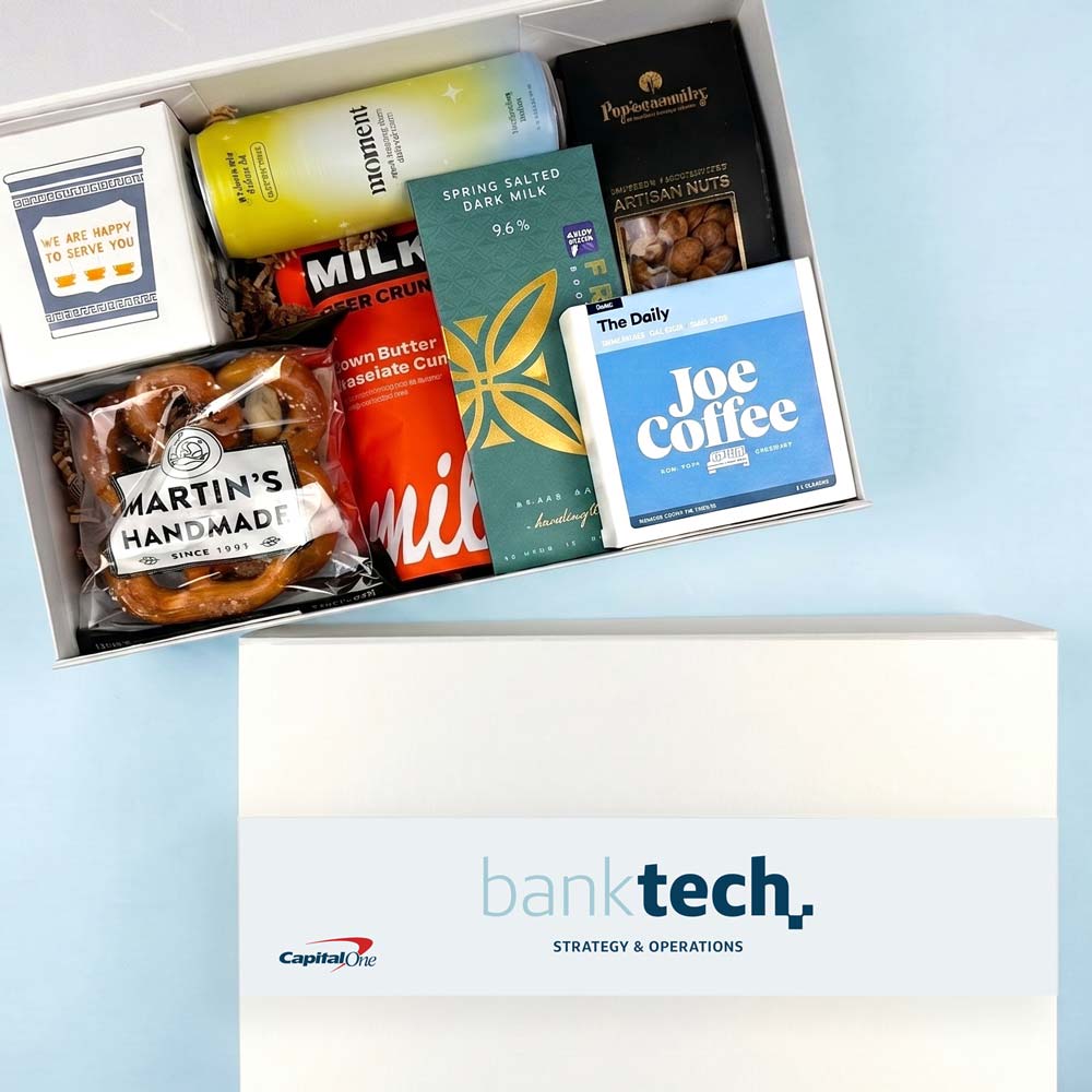 Gourmet gift box with snacks and coffee, featuring the BankTech logo.