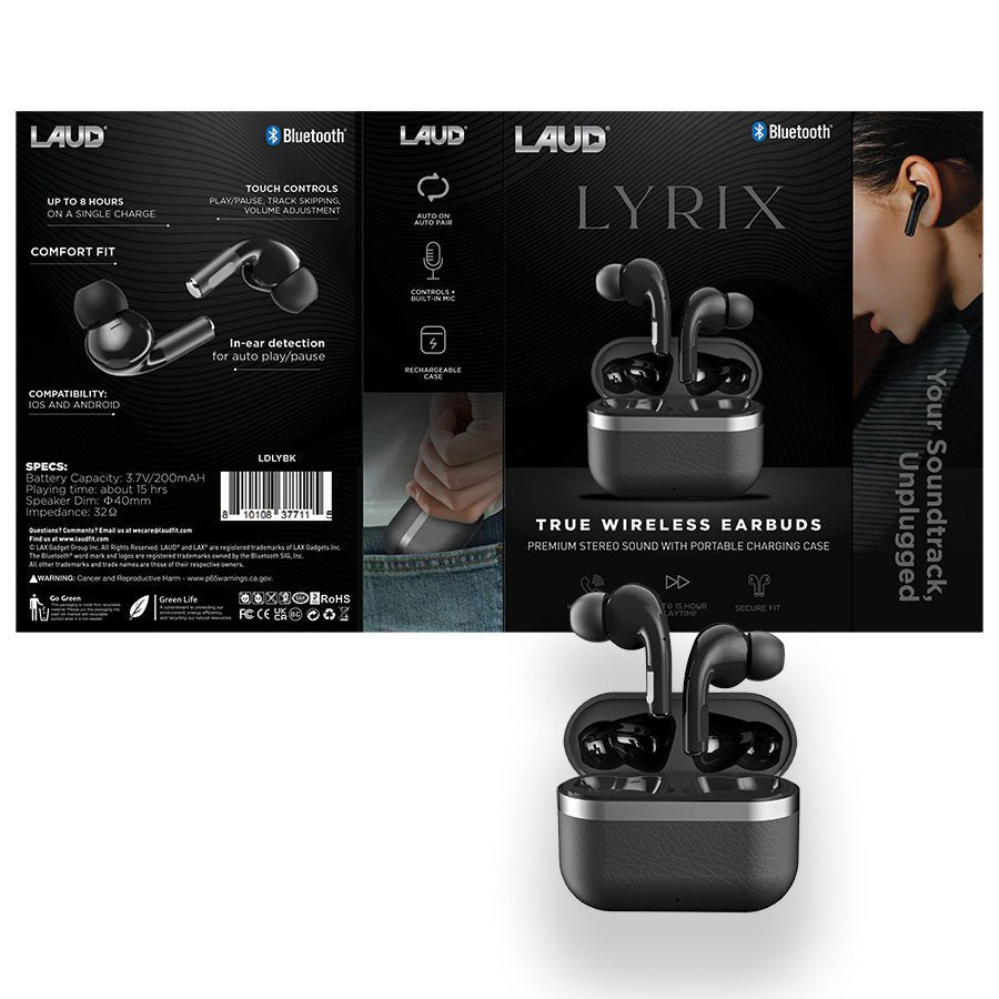 Laud Lyriz black wireless earbuds.