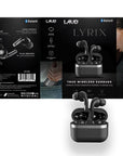 Laud Lyriz black wireless earbuds.