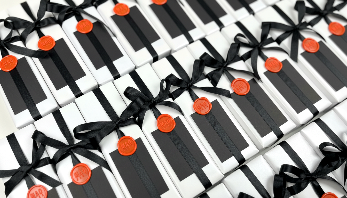 Gift packaged in white wrapper, with black ribbons and orange buttons arranged in rows.