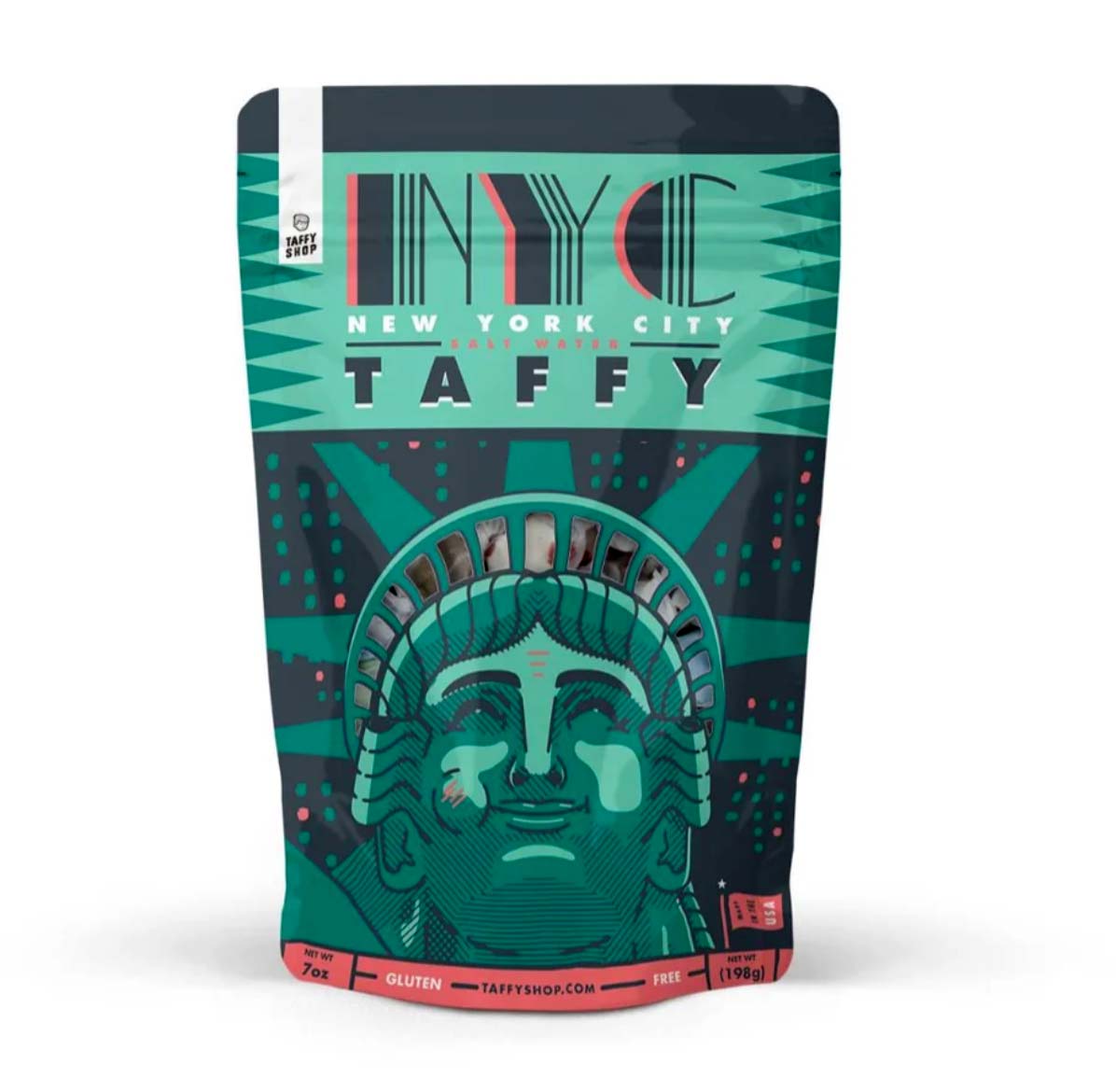 A stand-up pouch package for NYC New York City Taffy, featuring a stylized teal and dark gray Statue of Liberty design with the words 'NYC NEW YORK CITY TAFFY' on a white background.