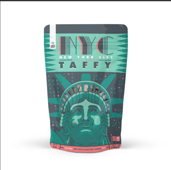 A stand-up pouch package for NYC New York City Taffy, featuring a stylized teal and dark gray Statue of Liberty design with the words 'NYC NEW YORK CITY TAFFY' on a white background.
