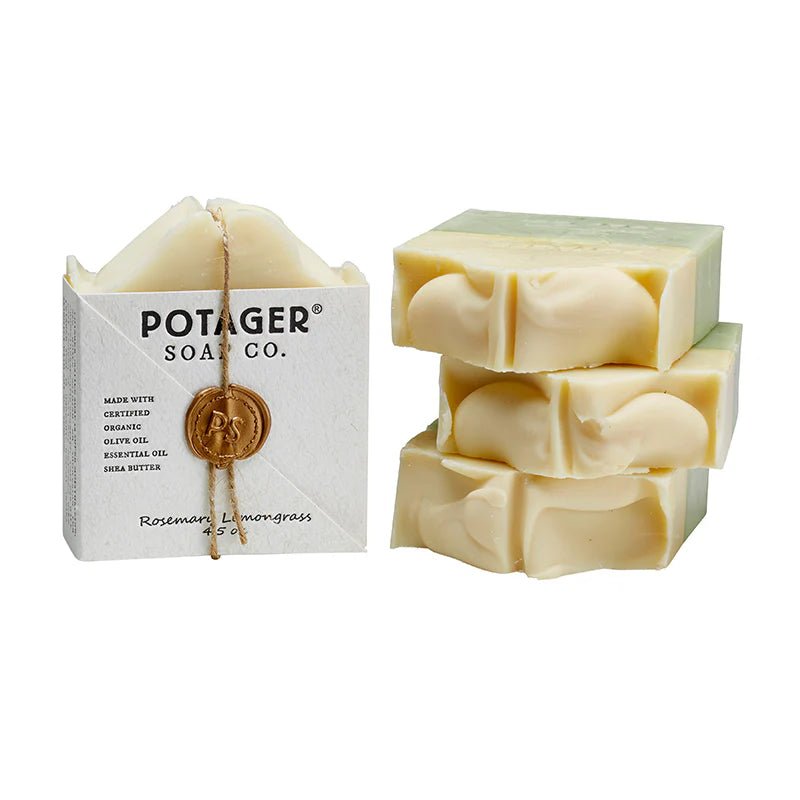 Potager soap Rosemary Lemongrass. Made with certified organic olive oil, shea butter and more.