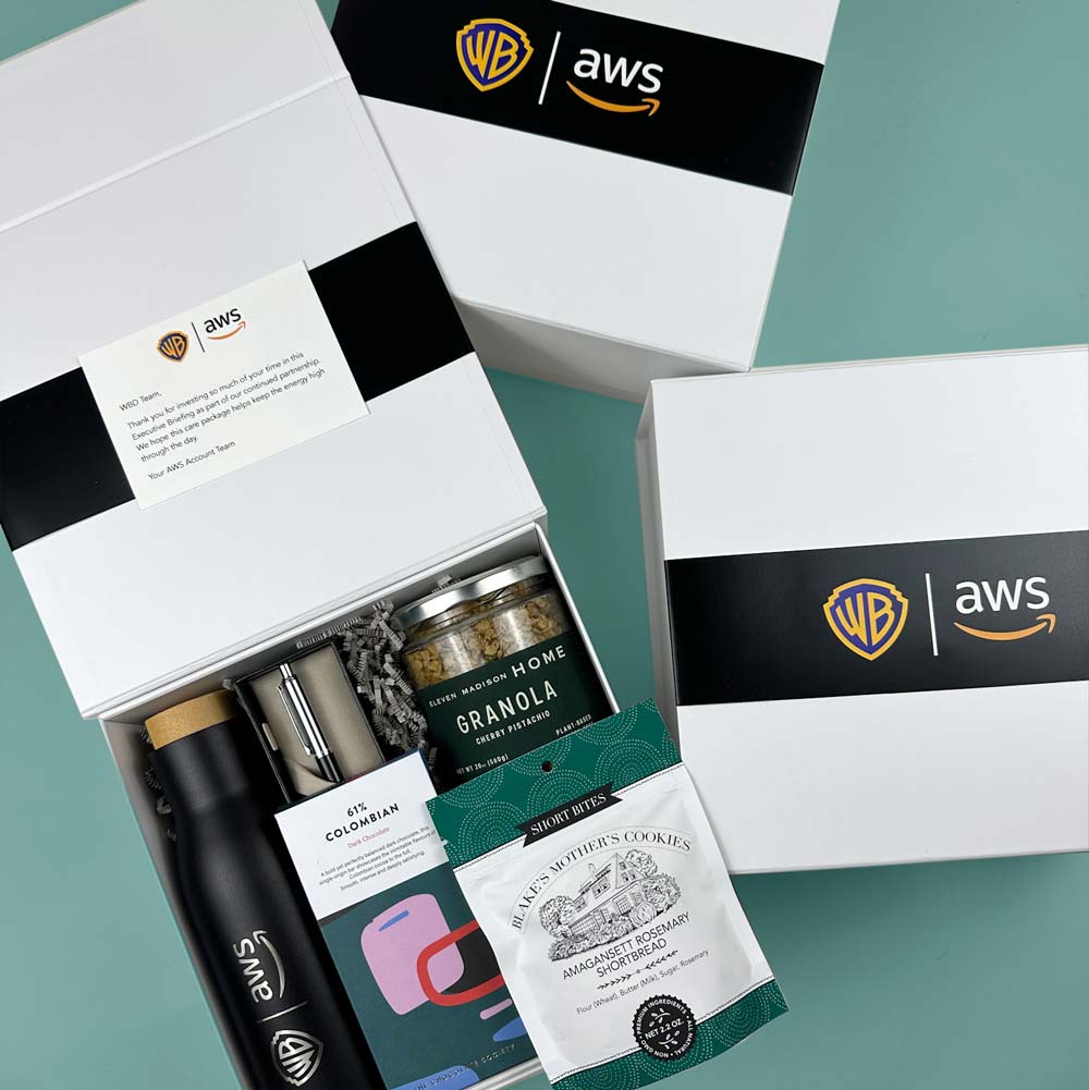 Warner Brother and Amazon White Gift box with branded water bottle, pen, snacks and more