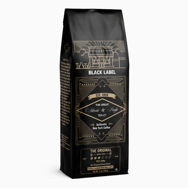 A bag of A&amp;P original whole bean coffee in black packaging with elegant gold geometric illustrations shown against a clean white background.