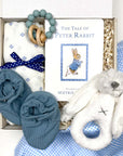 kadoo baby boy bunny gift box with baby shoes, swaddle, peter rabbit book, rattle and more