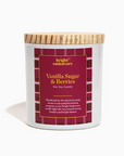A white glass jar of Bright Endeavors Vanilla Sugar & Berries candle with a light wood lid and a dark red label on a clean white background.
