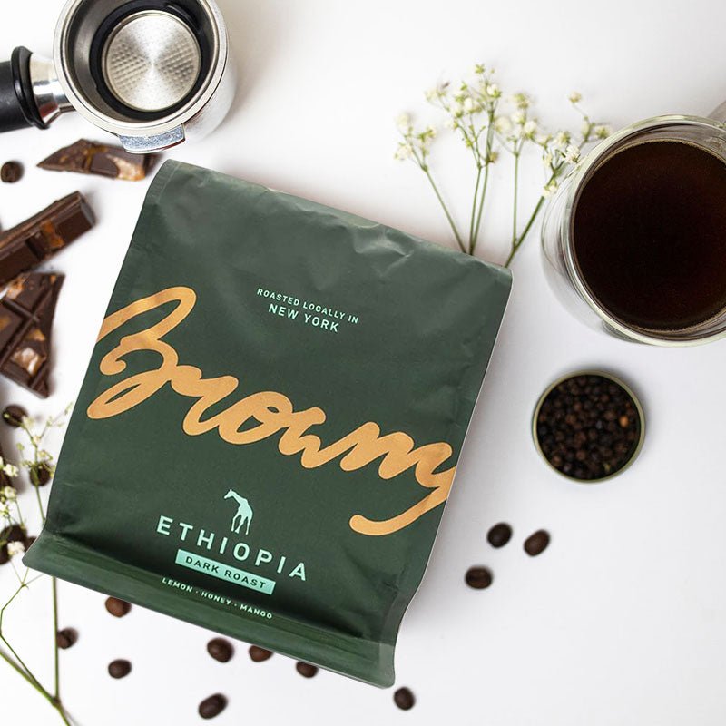 browny ethiopia dark roast whole bean holiday gourmet coffee.