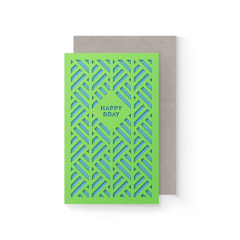 happy birthday greeting card in laser cut style. green and blue color with kraft envelope.