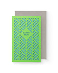 happy birthday greeting card in laser cut style. green and blue color with kraft envelope.