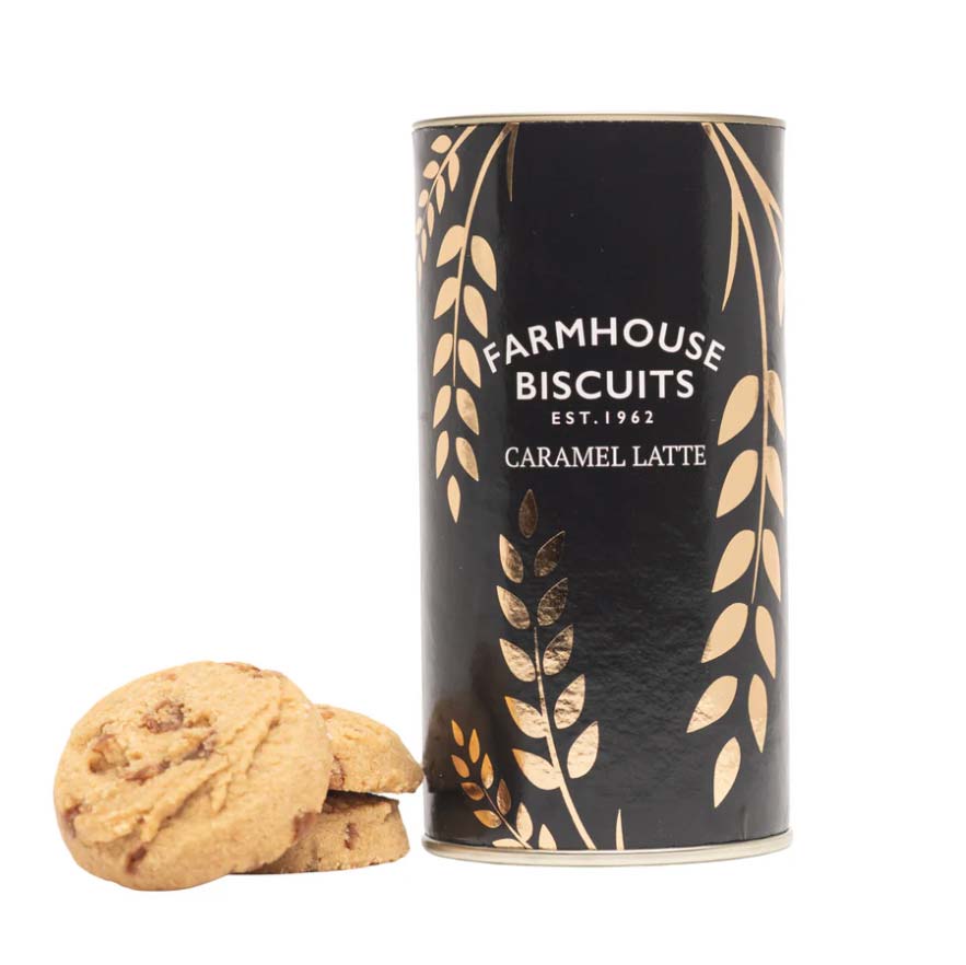 Farmhouse Biscuits Caramel Latte in Black and Gold container