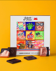 Chocolate packaging with colorful New York-inspired packaging designs on a yellow background