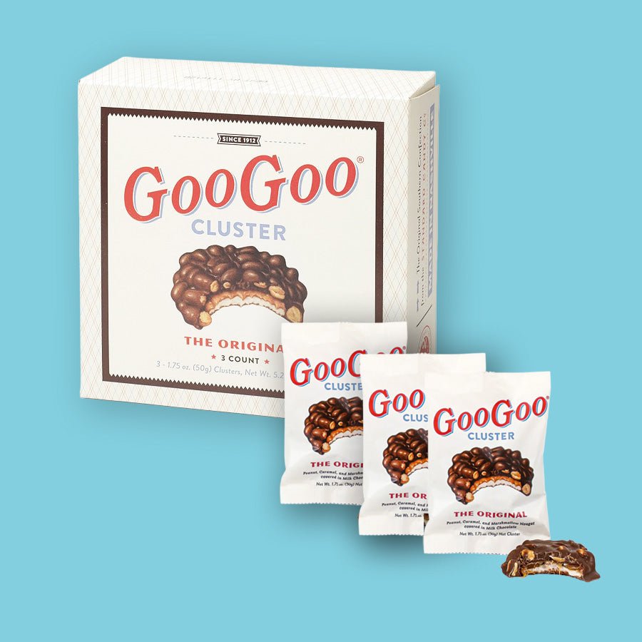 Goo Goo Cluster packaging on a blue background