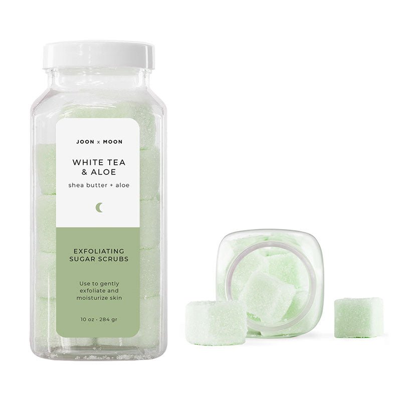 joon moon white tea and aloe exfoliating sugar scrubs in green color