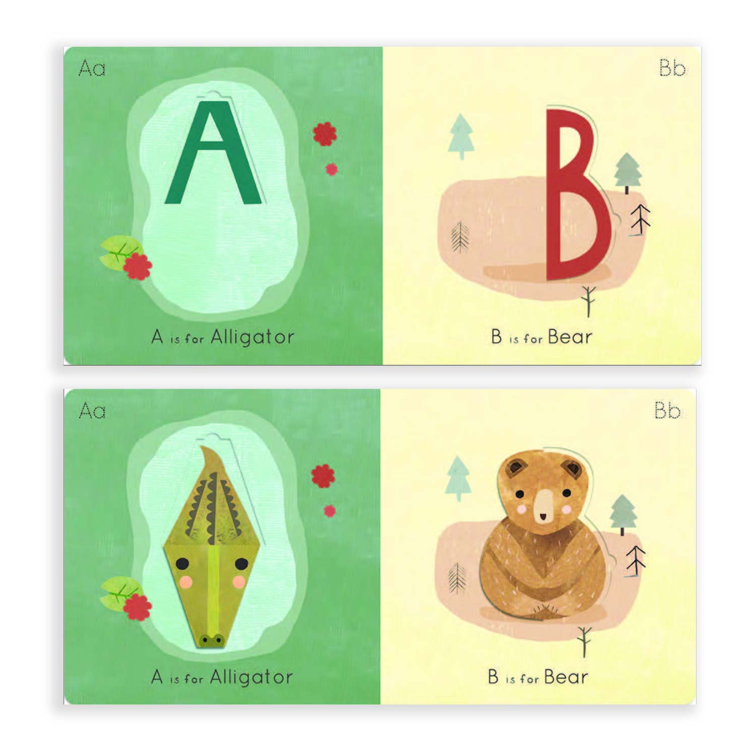 A to Z alphabet book inside pages showing lift-the-flap letters revealing alligator and bear illustrations