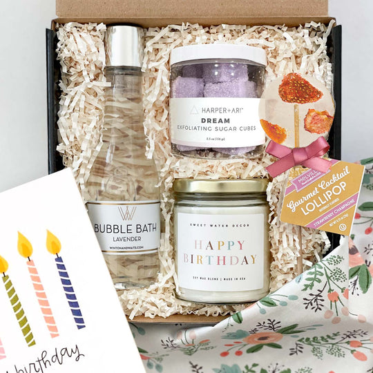 kadoo birthday gift box for her with lavender bubble bath, happy birthday candle, lollipop and more