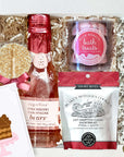 Birthday Gift Box that includes Champagne Gummy Bears, Bath Treats, Shortbread, Gourmet Lollipop, Reusable Furoshiki wrap, birthday cake greeting card