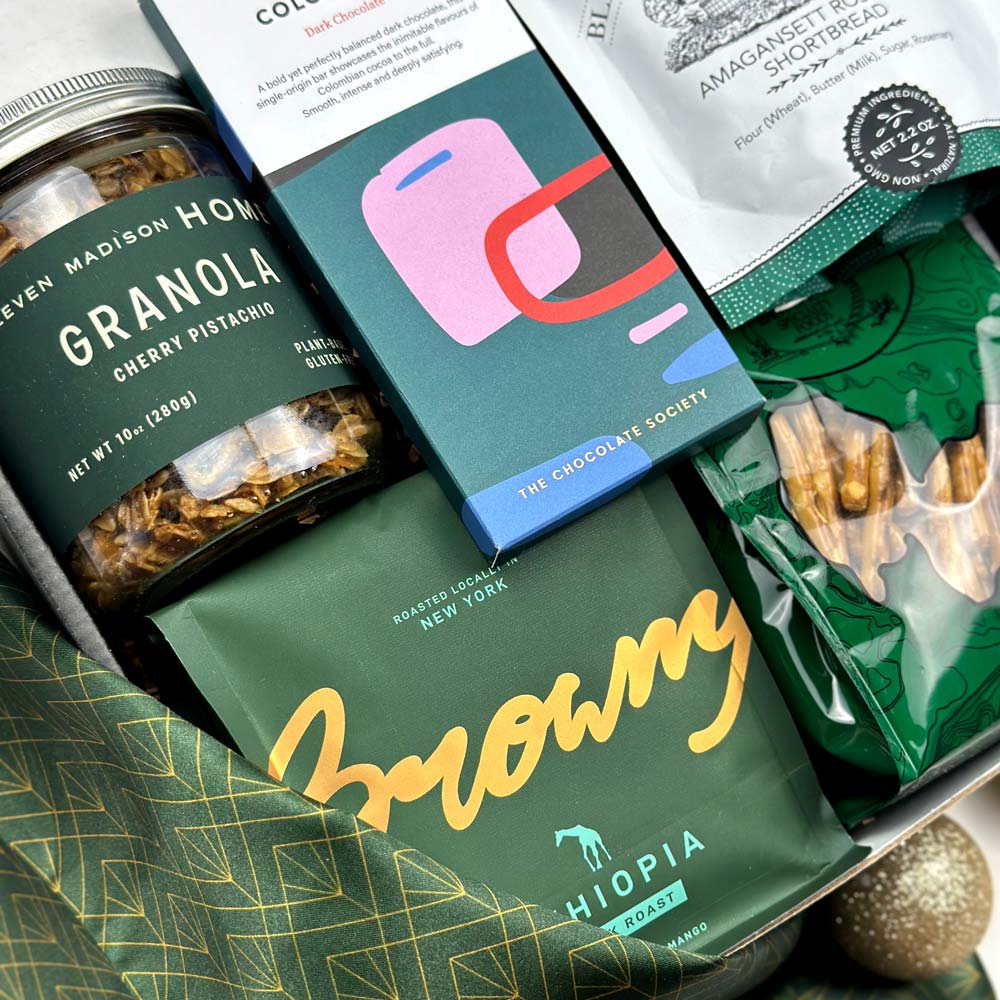 kadoo curated holiday gift box with browny coffee, eleven madison home granola, chocolate society dark chocolate, pretzel and more