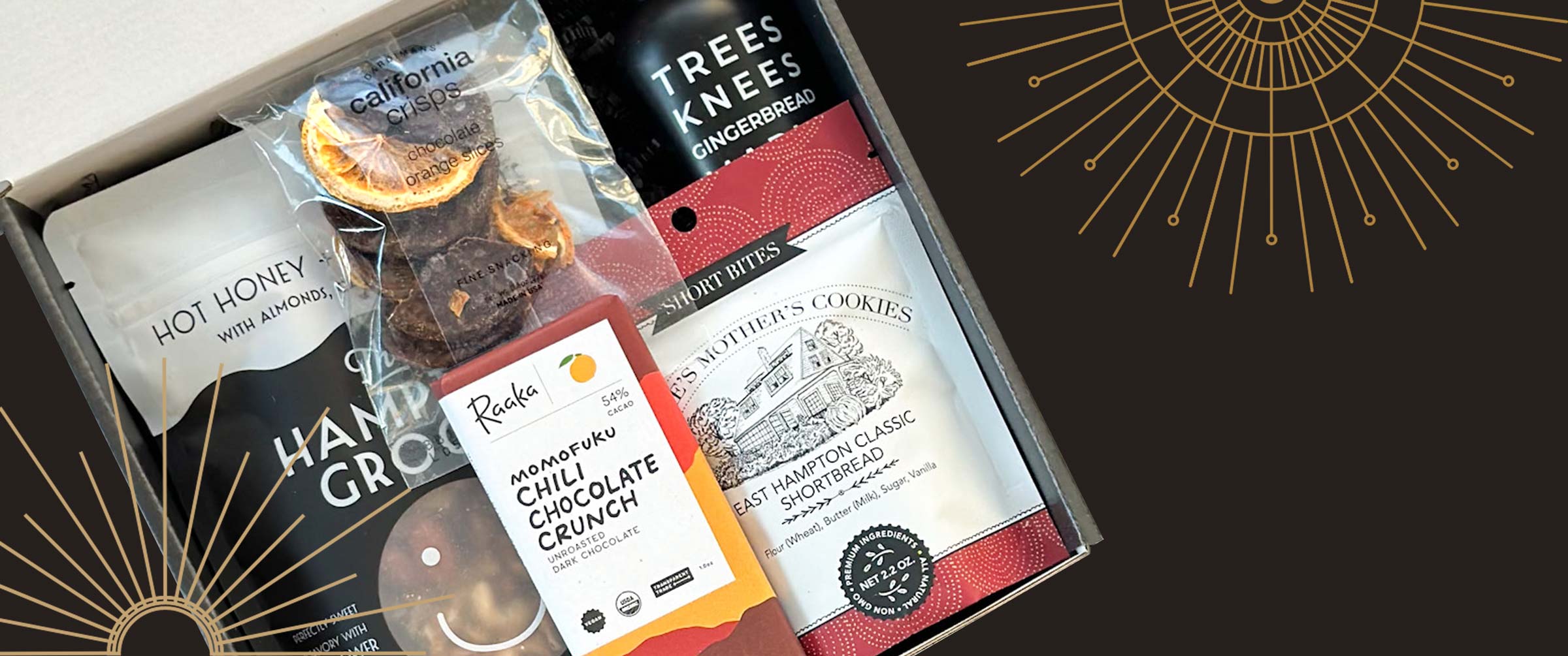 kadoo custom curated gift box for everyday and corporate clients. Gourmet snack with raaka momoffuku chocolate, granola, cookie, orange slice, maple syrup and more