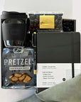 kadoo do great things gift box with black sol cup, pretzel, black notebook, pen, espresso beans candy and more